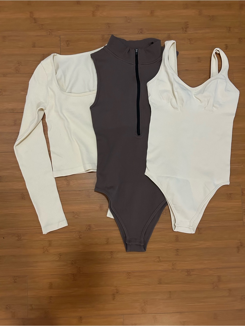 Ribbed Mock-Neck Bodysuit in Taupr and Cream